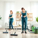 Cleaning Service professionals tidying a bright, modern living room for a spotless result.