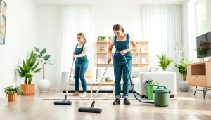 Cleaning Service professionals tidying a bright, modern living room for a spotless result.