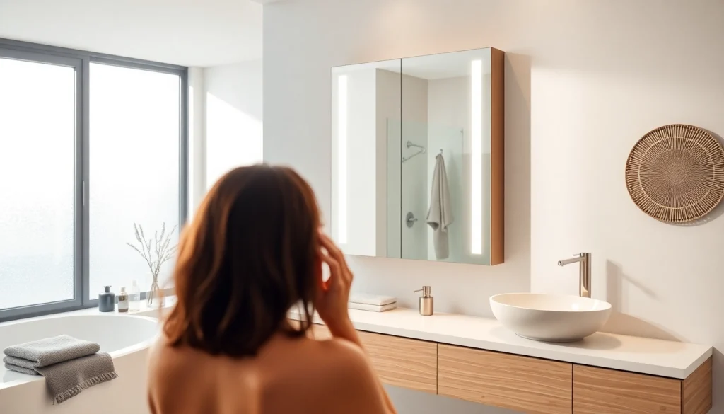 Sonni Spiegelschrank mit modernem Design und LED-Beleuchtung im eleganten Badezimmer.