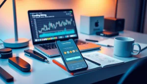 Cloud mining app interface on a smartphone in a modern workspace.