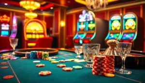 A vivid casino scene featuring poker and roulette elements, capturing the thrill of 79king4 gaming.