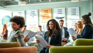 Job search collaboration environment featuring diverse individuals reviewing resumes.