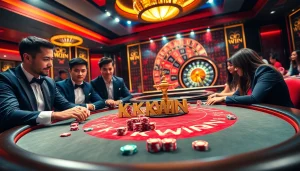 Experience the thrill of KKWIN at a luxurious casino poker table with vibrant chips and players.