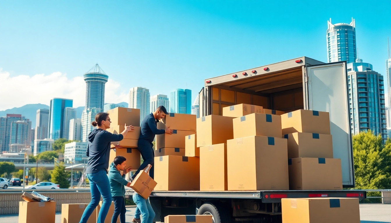 Packing boxes by a Vancouver moving company amidst a busy city background.