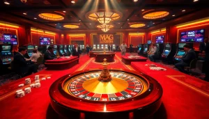 Experience the excitement of Mag Login at a vibrant casino, with players engaging at roulette and tables.