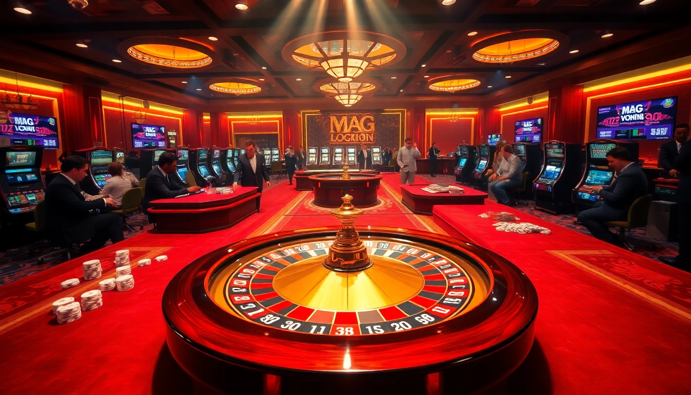 Experience the excitement of Mag Login at a vibrant casino, with players engaging at roulette and tables.