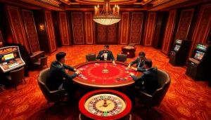 Experience the thrill of AF88 poker in a luxurious casino setting with players and vibrant chips.