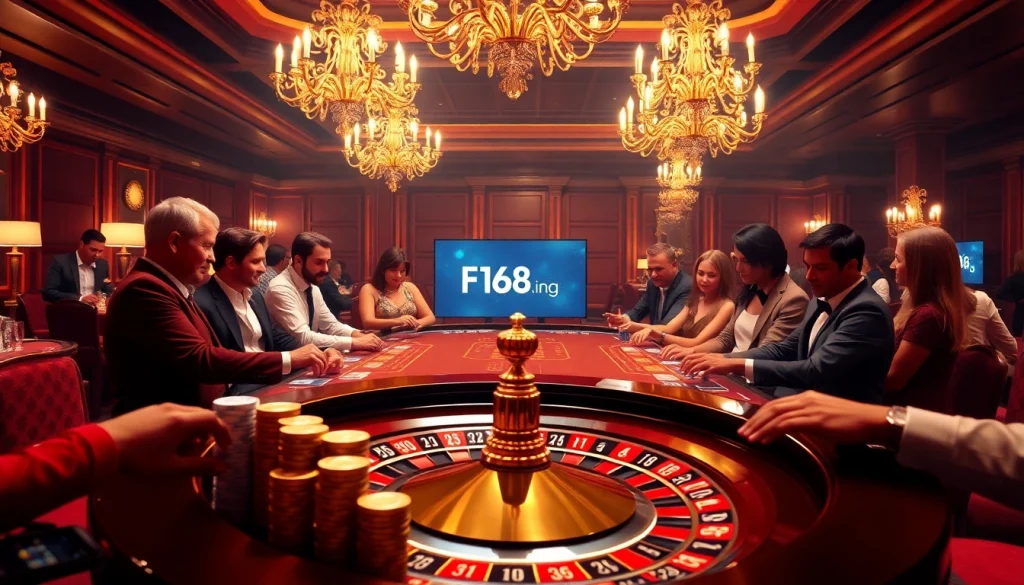 Experience thrilling casino action at https://f168.ing/ with players engaging at the roulette table and bright chips.