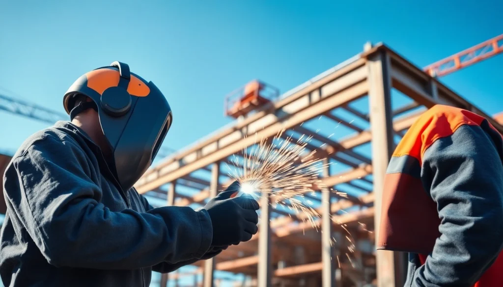Welder performing structural steel welding with bright sparks in an active construction site.
