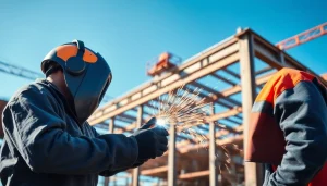 Welder performing structural steel welding with bright sparks in an active construction site.