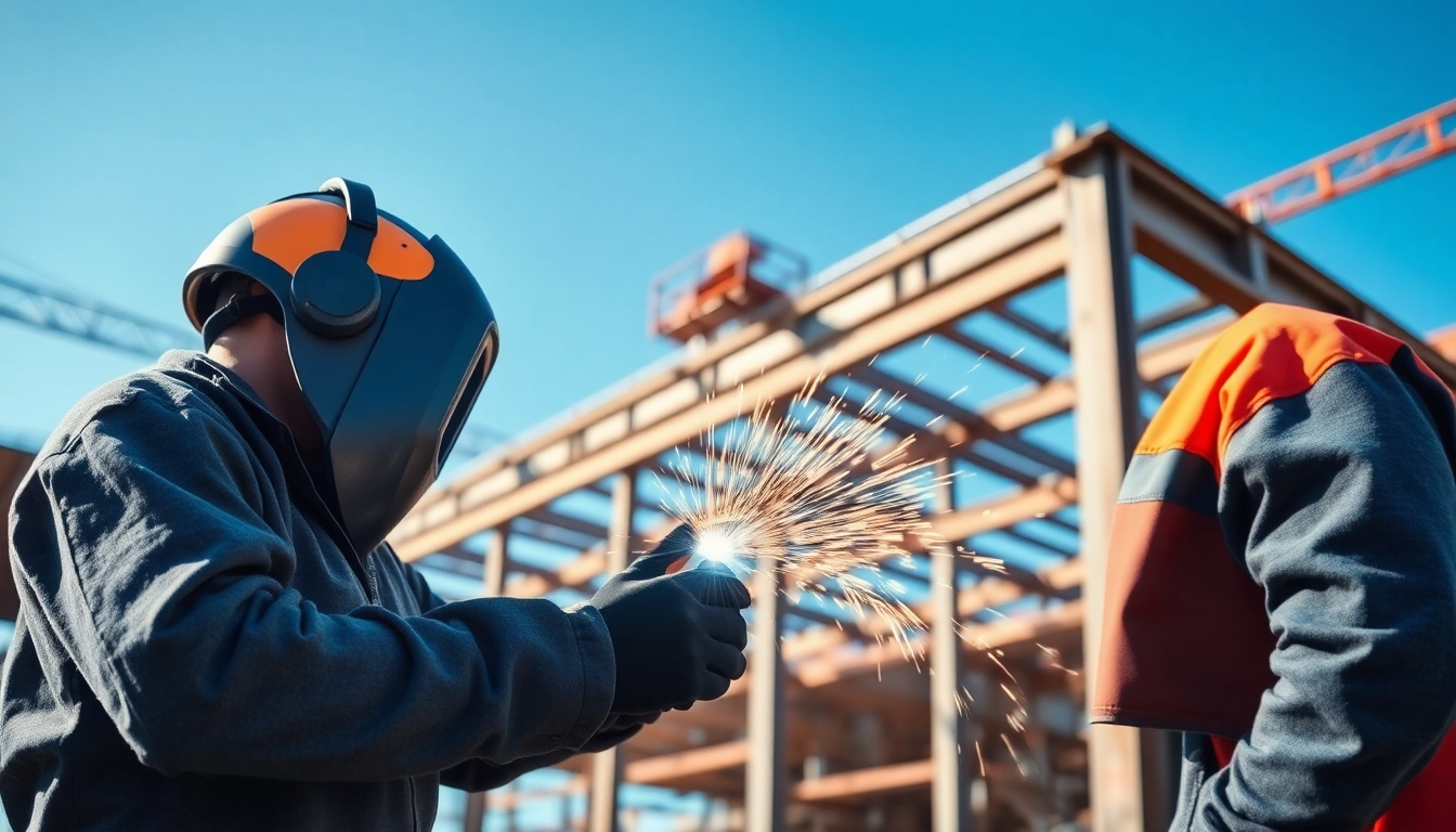 Welder performing structural steel welding with bright sparks in an active construction site.