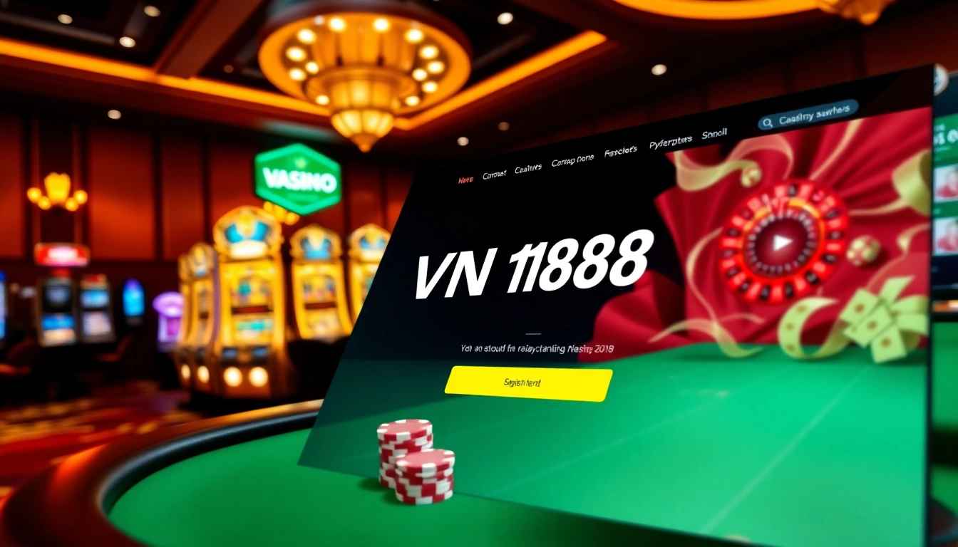 Engage with VN168 đăng ký on an elegant online casino interface, featuring interactive game visuals and vibrant gambling elements.