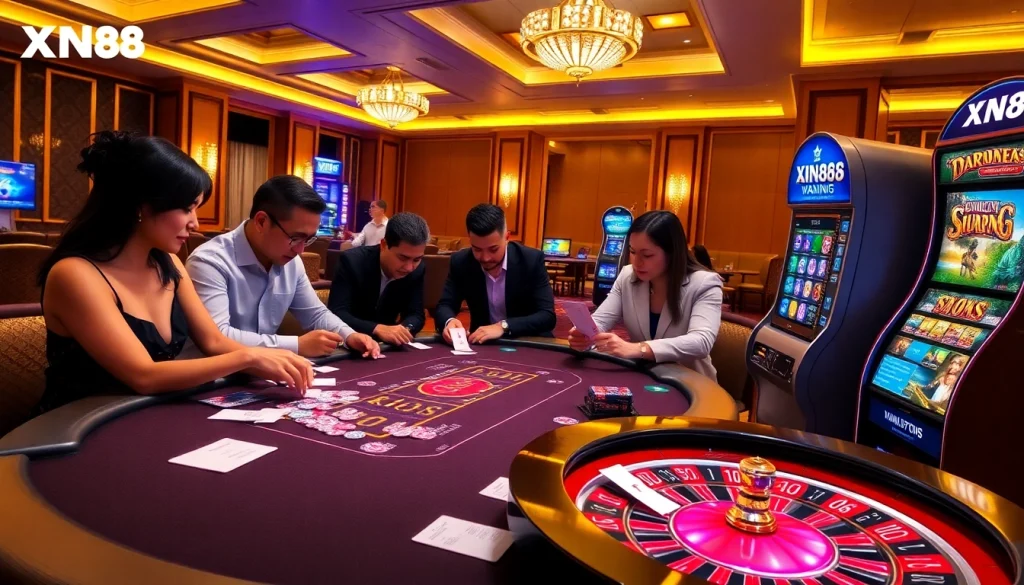 XN88 online casino experience with players at a poker table and vibrant slot machines.