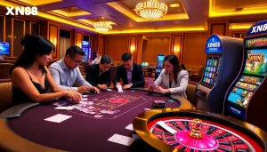 XN88 online casino experience with players at a poker table and vibrant slot machines.