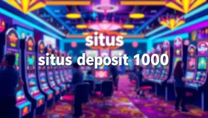 Menampilkan situs deposit 1000 dengan mesin slot berwarna-warni yang penuh semangat.