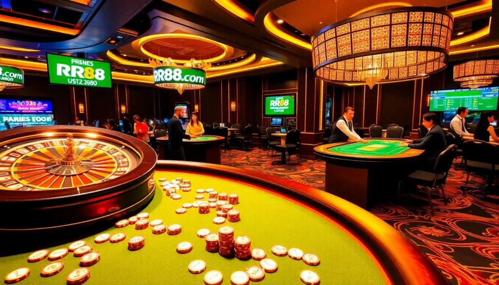 Exciting casino atmosphere featuring RR88.com with poker chips and winning players.
