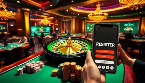 Engaging scene of casino action where players REGISTER and place bets at roulette tables with vibrant lights.