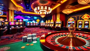 Experience the excitement of vn168 đăng ký with vibrant casino visuals showcasing poker chips and roulette.