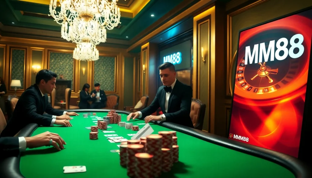 Gamblers enjoying high-stakes poker at MM88 casino with vibrant chips and cards.
