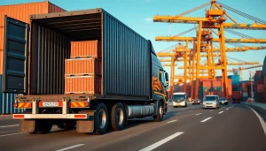 Drayage truck operating in a busy port with containers, showcasing efficient logistics transport.