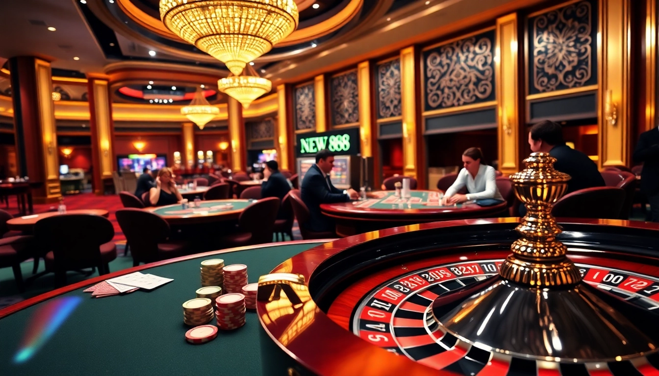 NEW88 poker table showcasing vibrant chips and cards in an exhilarating casino scene.