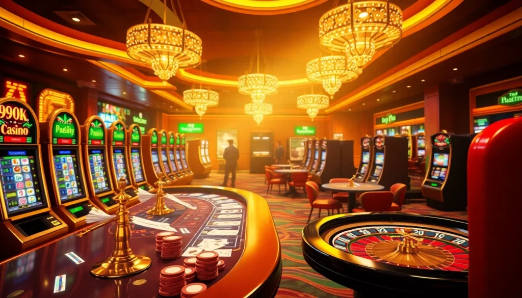 Experience thrilling online gaming at 99OK with vibrant casino tables and slot machines.