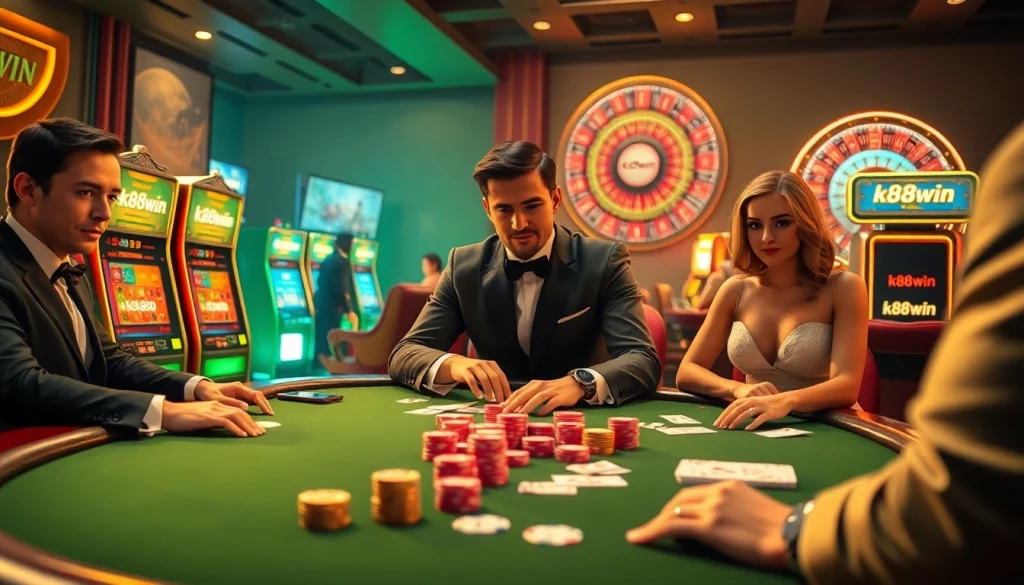 Experience high-stakes gaming action at k88win's luxurious poker table with exciting casino elements.