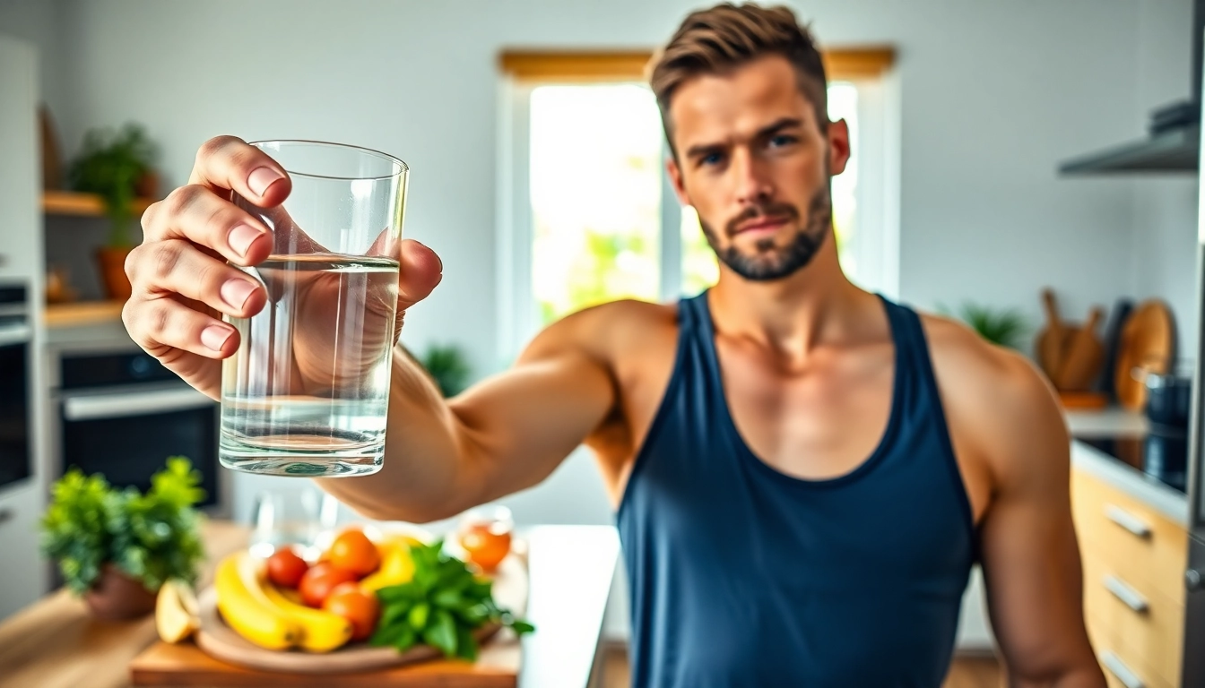 Showcasing intermittent fasting, a fitness coach holds water in a bright kitchen with healthy foods.