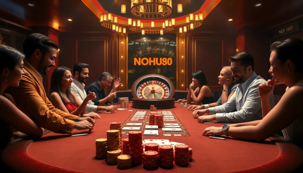 Players enjoying a thrilling poker game at NOHU90 casino, showcasing excitement and luxury.