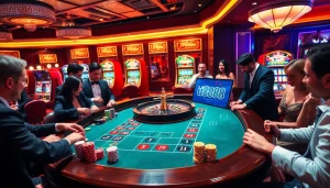 Players enjoying a roulette game at u8888 online casino, surrounded by vibrant slot machines.