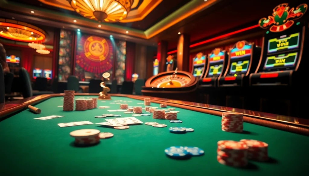 Experience a thrilling casino atmosphere with players engaged in giải mã nhà cái activities, adorned with cards, roulette wheels, and vibrant slot machines.