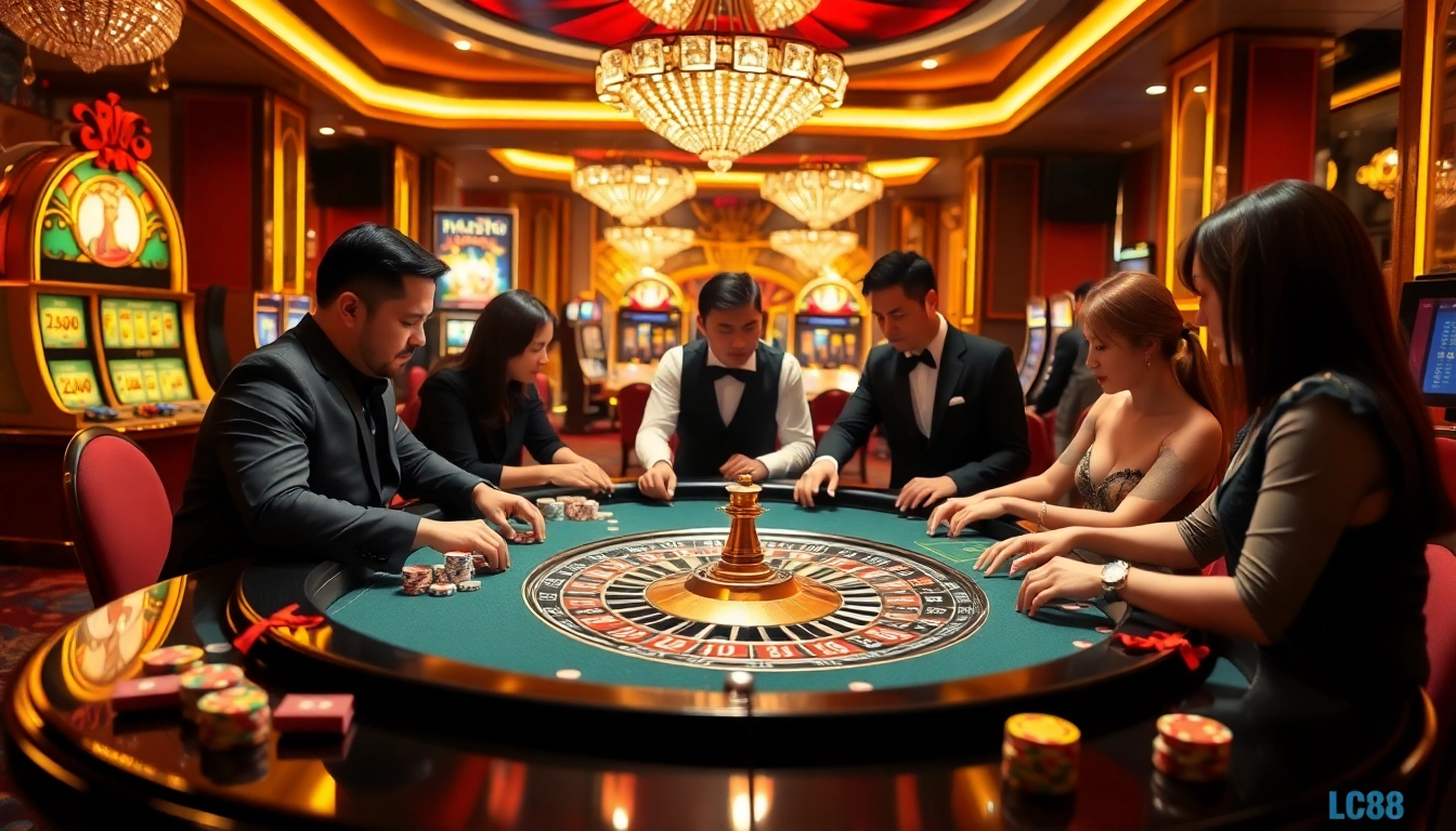 Experience the thrill of LC88 casino with players enjoying roulette and slot machines.