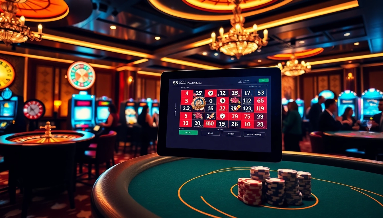 S8 betting interface with poker chips and roulette wheel in a luxurious casino setting.