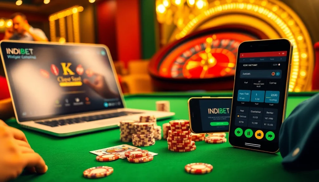 Engage in thrilling Indibet online betting with vibrant casino visuals showcasing poker and roulette.
