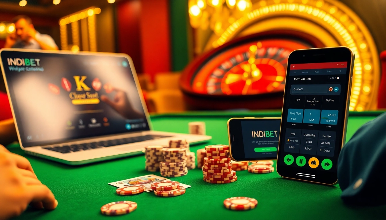 Engage in thrilling Indibet online betting with vibrant casino visuals showcasing poker and roulette.