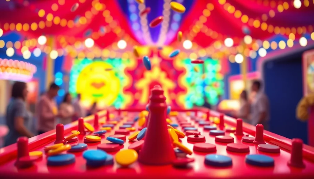 Permainan plinko yang menyenangkan dengan papan penuh warna dan chip yang jatuh.