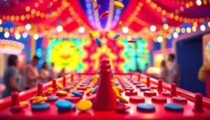 Permainan plinko yang menyenangkan dengan papan penuh warna dan chip yang jatuh.