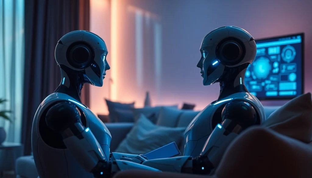 Human interacting with an AI sex bot in a cozy, futuristic setting, showcasing advanced technology and intimacy.