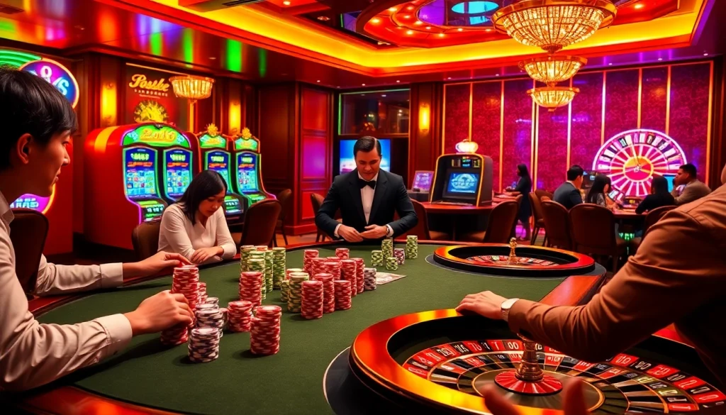 Engaged players at a stylish poker table in the vibrant casino atmosphere of tg88.com.
