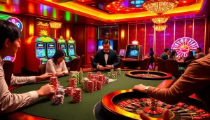 Engaged players at a stylish poker table in the vibrant casino atmosphere of tg88.com.