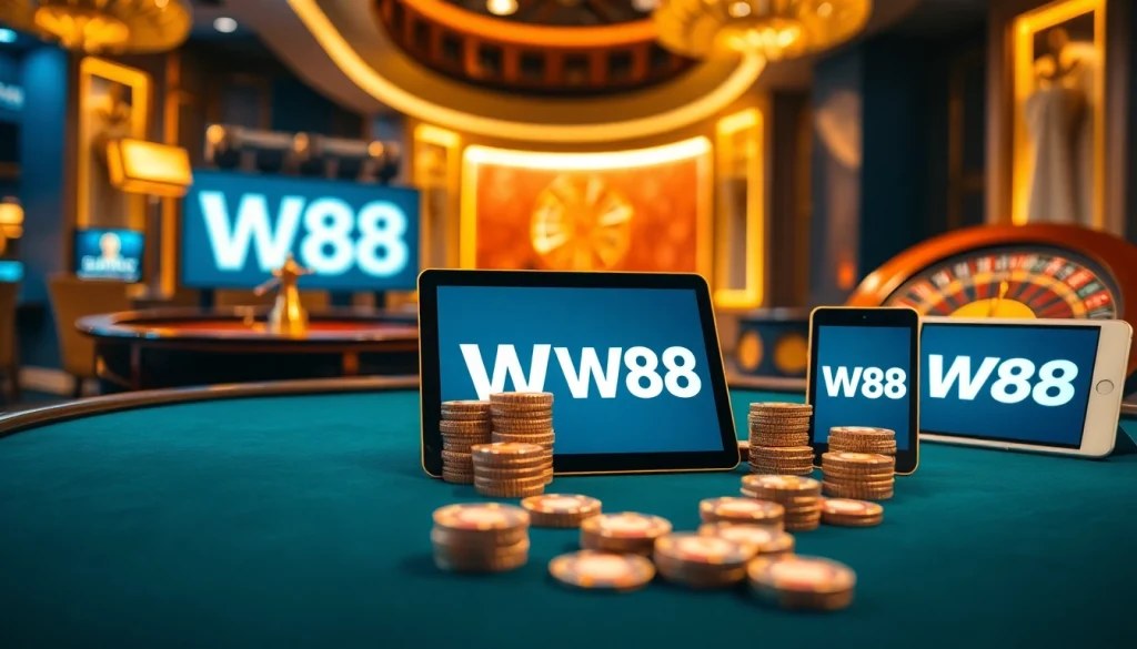 Experience the thrill of online gambling with the W88 link, featuring luxurious casino visuals and engaging gaming elements.