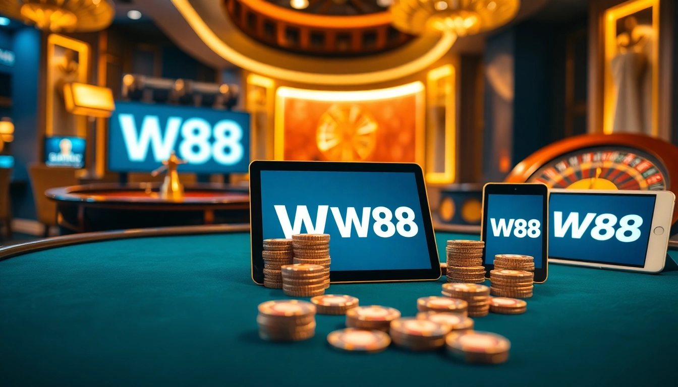 Experience the thrill of online gambling with the W88 link, featuring luxurious casino visuals and engaging gaming elements.