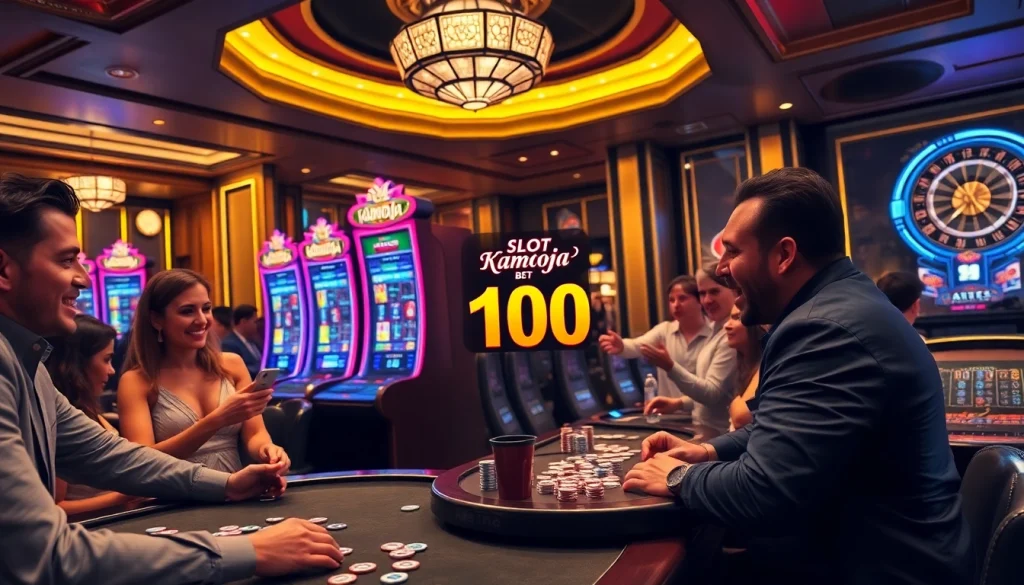 Experience the excitement of slot kamboja bet 100 as players engage with vibrant slot machines in a luxurious casino.