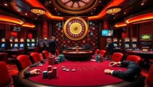 Dynamic gaming scene with poker and roulette, featuring 789win13 in a luxury casino setting.