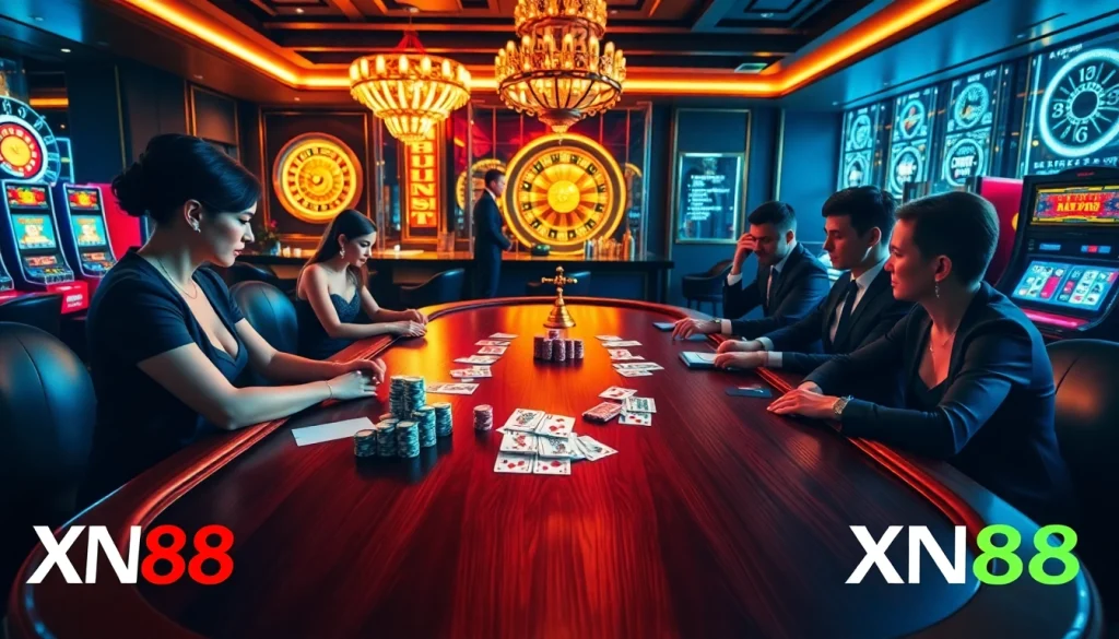 Experience high-stakes gaming excellence at XN88 with vibrant poker tables and luxurious casino ambiance.