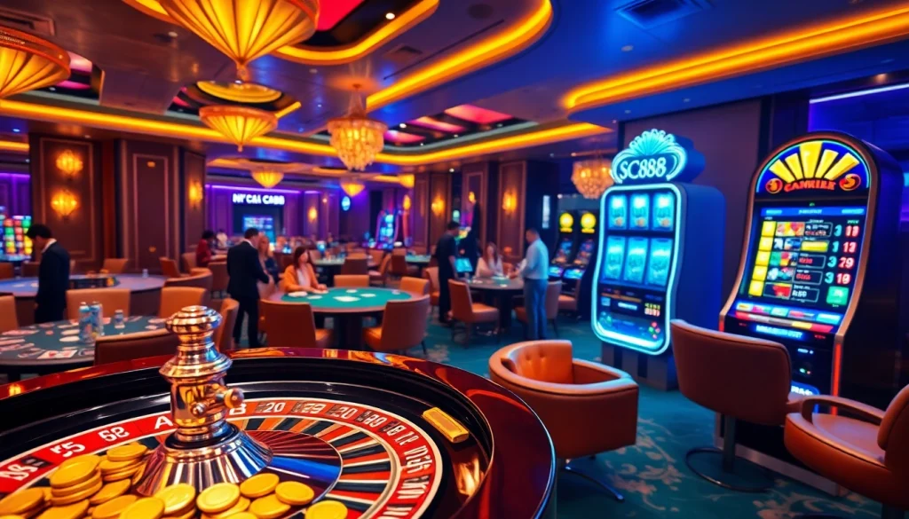Action-packed scene at Nhà cái SC88, featuring roulette, poker, and vibrant slot machines.