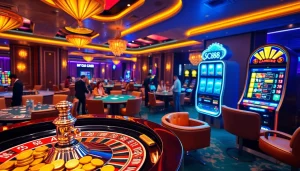 Action-packed scene at Nhà cái SC88, featuring roulette, poker, and vibrant slot machines.