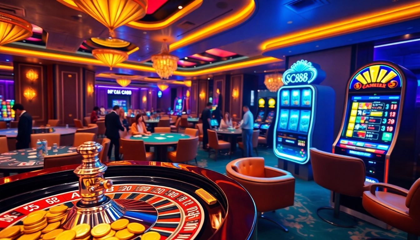 Action-packed scene at Nhà cái SC88, featuring roulette, poker, and vibrant slot machines.