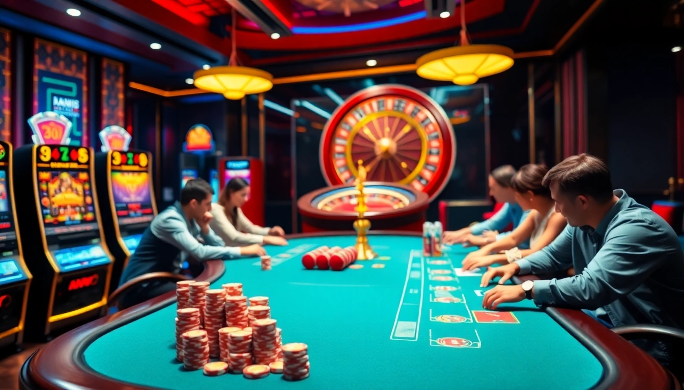 Liên Minh KJC players enjoying a thrilling online casino experience with colorful poker chips.