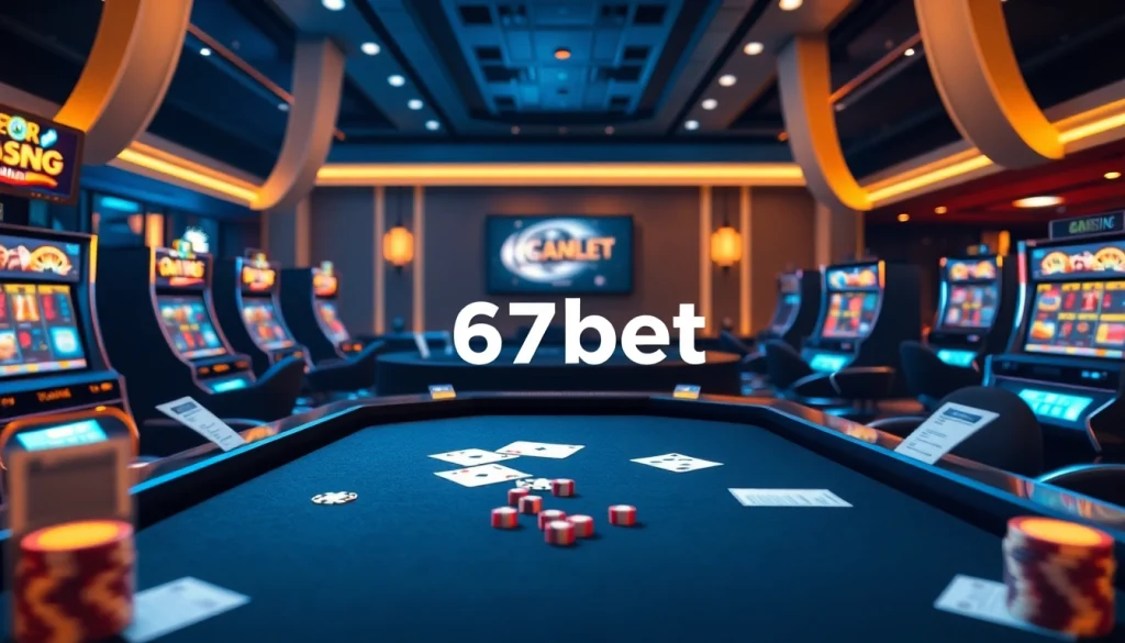 Login to 67bet while engaging with vibrant virtual casino elements like cards and dice.
